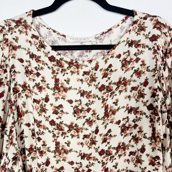 Audrey 3+1 Medium M Cream Red Floral Printed Dress 3/4 Sleeves Pleated Skirt - Picture 3 of 7